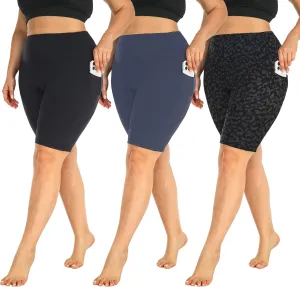 MOREFEEL 3 Pack Plus Size 8" Biker Shorts with Pockets for Women-High Waist Non-See Through Workout Black Yoga Short