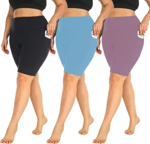 MOREFEEL 3 Pack Plus Size 8" Biker Shorts with Pockets for Women-High Waist Non-See Through Workout Black Yoga Short