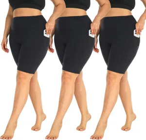 MOREFEEL 3 Pack Plus Size 8" Biker Shorts with Pockets for Women-High Waist Non-See Through Workout Black Yoga Short
