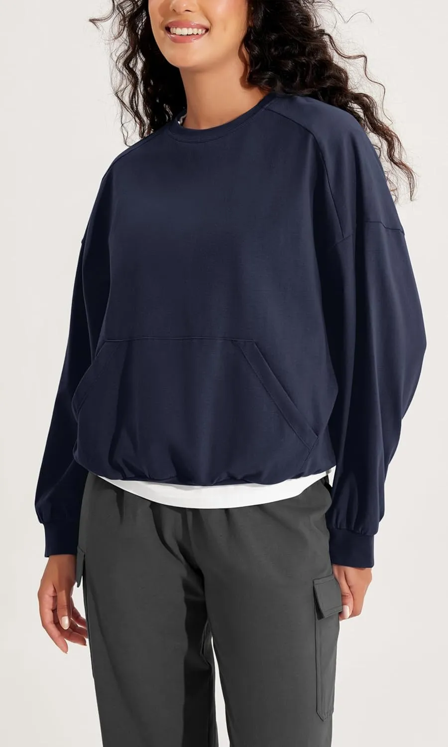 ODODOS Purevibe Cotton Oversized Sweatshirts, Women's Crew Neck Long Sleeve Pullover Tops with Kangaroo Pocket