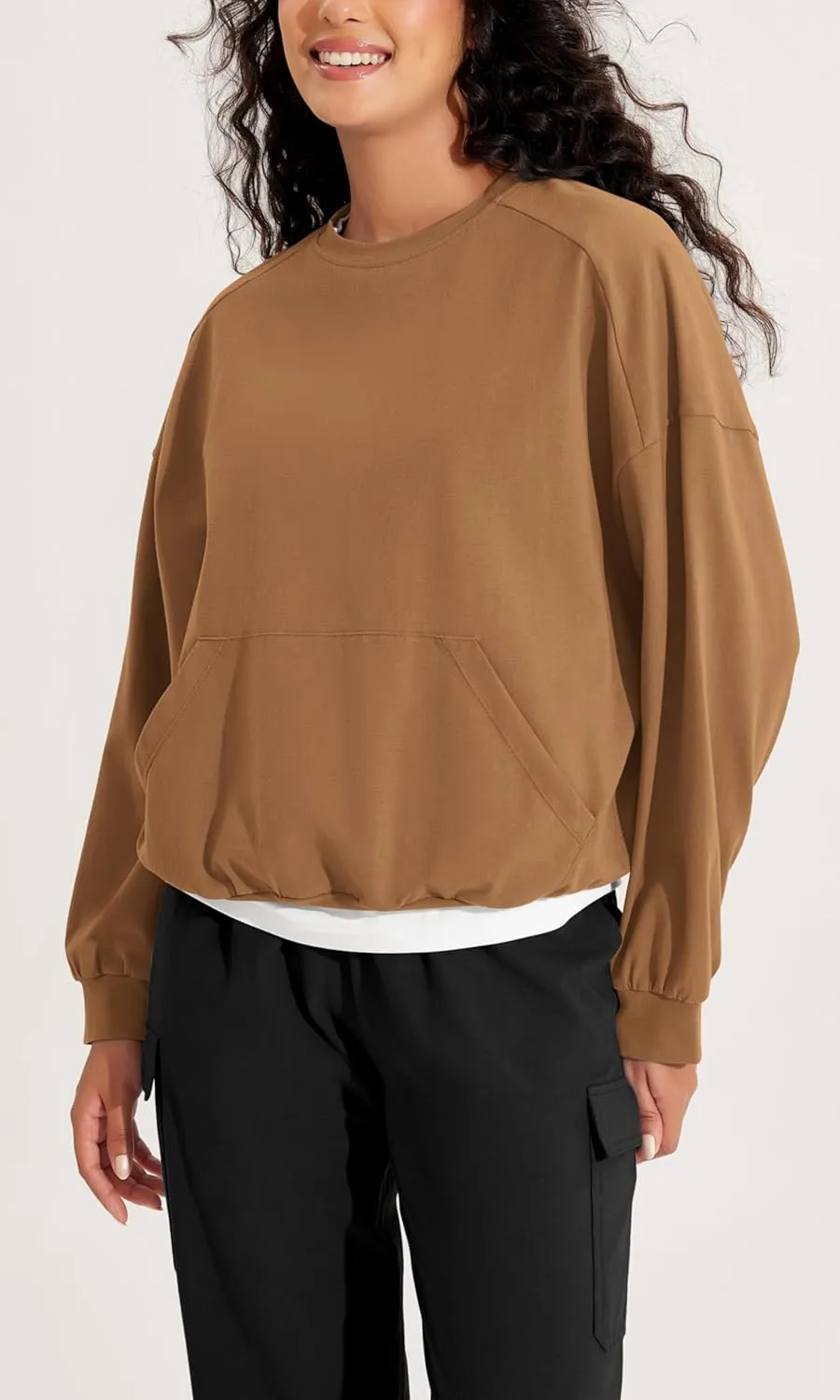 ODODOS Purevibe Cotton Oversized Sweatshirts, Women's Crew Neck Long Sleeve Pullover Tops with Kangaroo Pocket