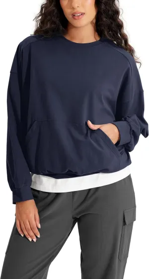 ODODOS Purevibe Cotton Oversized Sweatshirts, Women's Crew Neck Long Sleeve Pullover Tops with Kangaroo Pocket