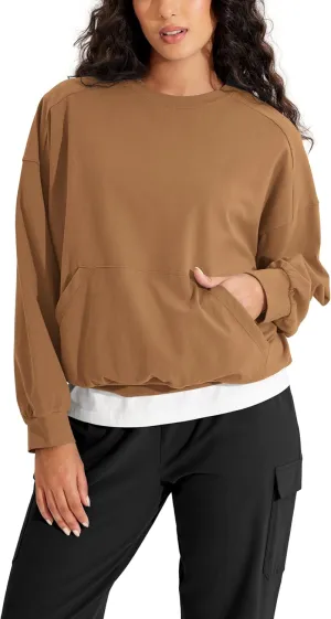 ODODOS Purevibe Cotton Oversized Sweatshirts, Women's Crew Neck Long Sleeve Pullover Tops with Kangaroo Pocket