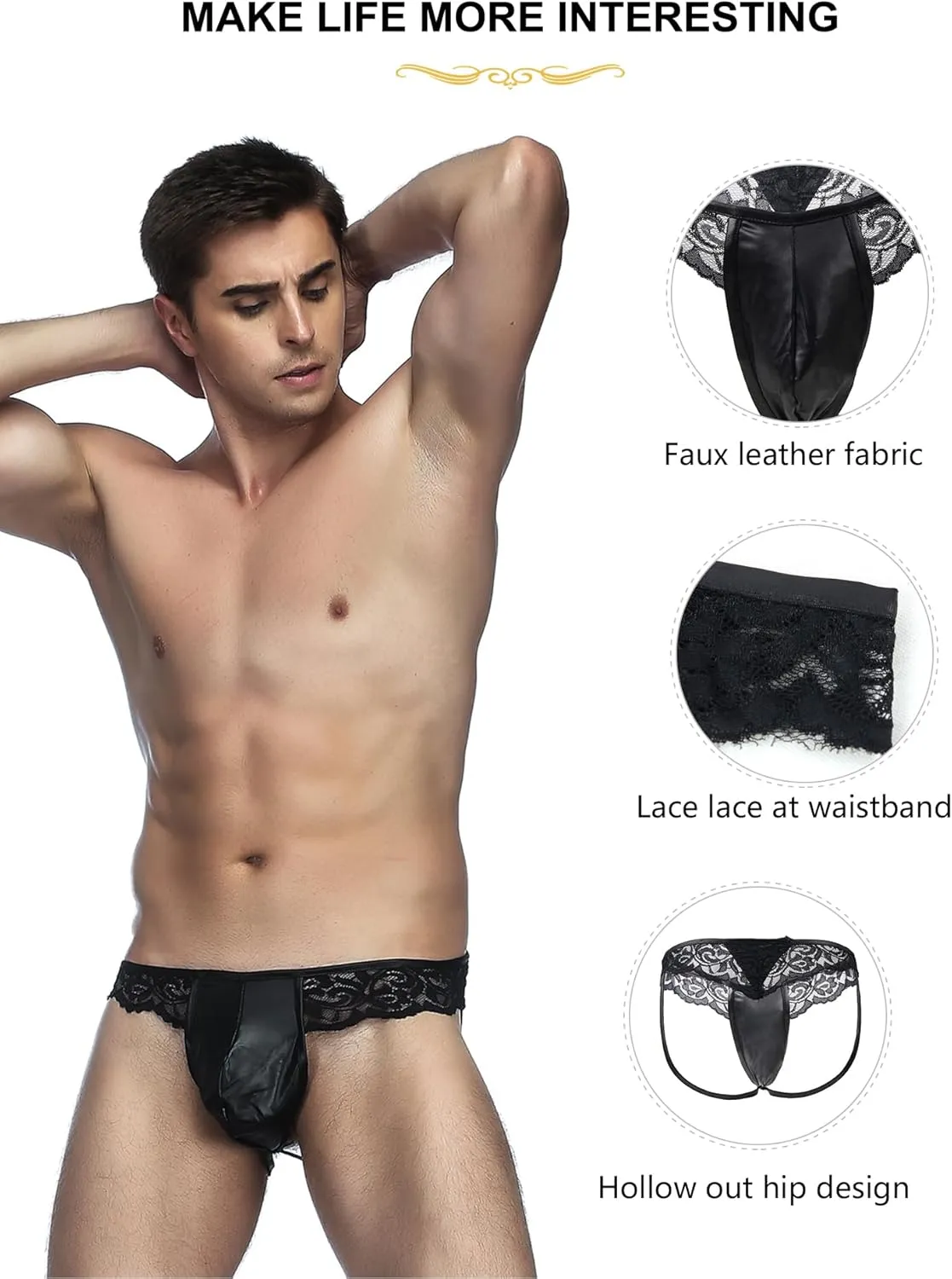 ohmydear Men's Lace Thong Sissy Faux Leather Underwear Sheer Mesh Bikini Briefs T-Back G-String Back Cutout Panties