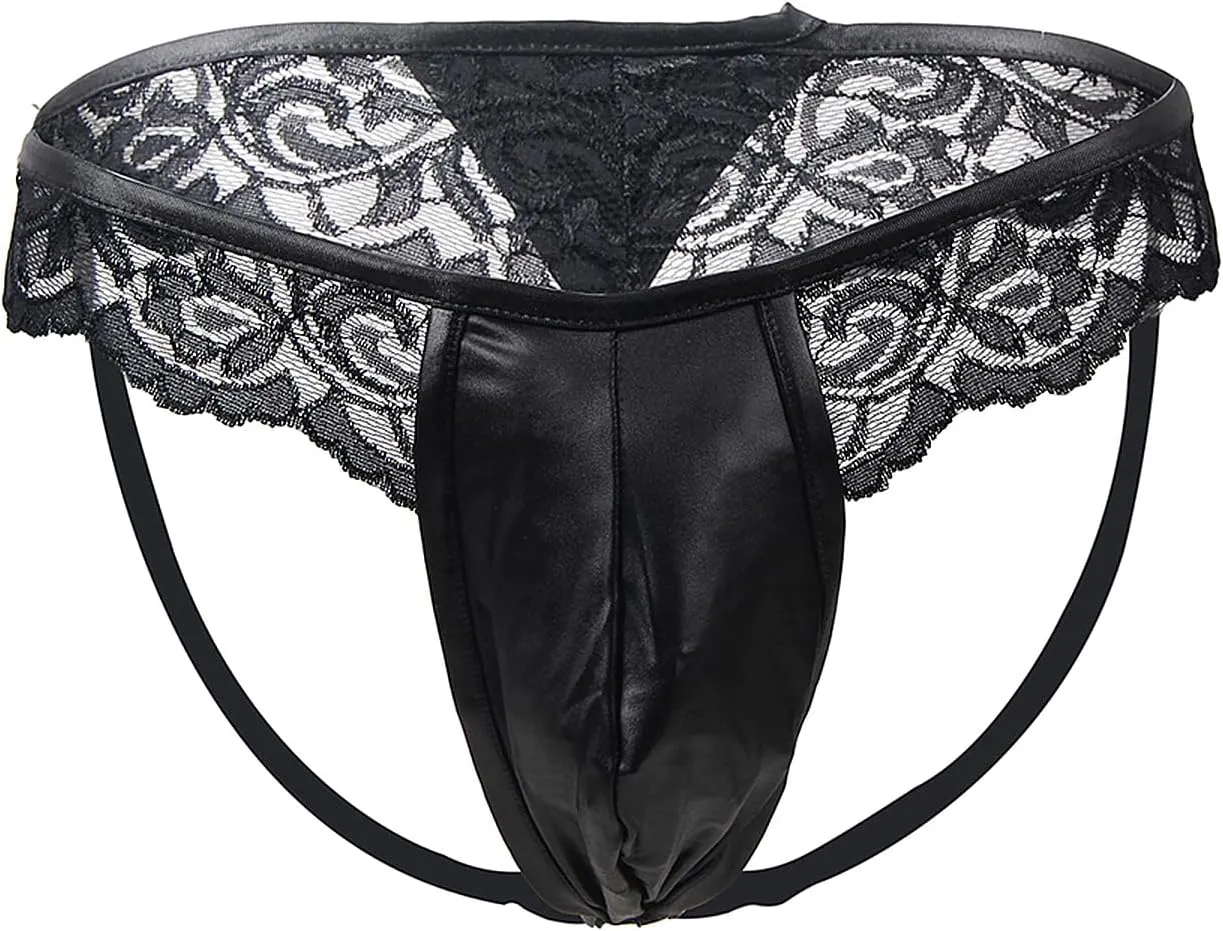 ohmydear Men's Lace Thong Sissy Faux Leather Underwear Sheer Mesh Bikini Briefs T-Back G-String Back Cutout Panties