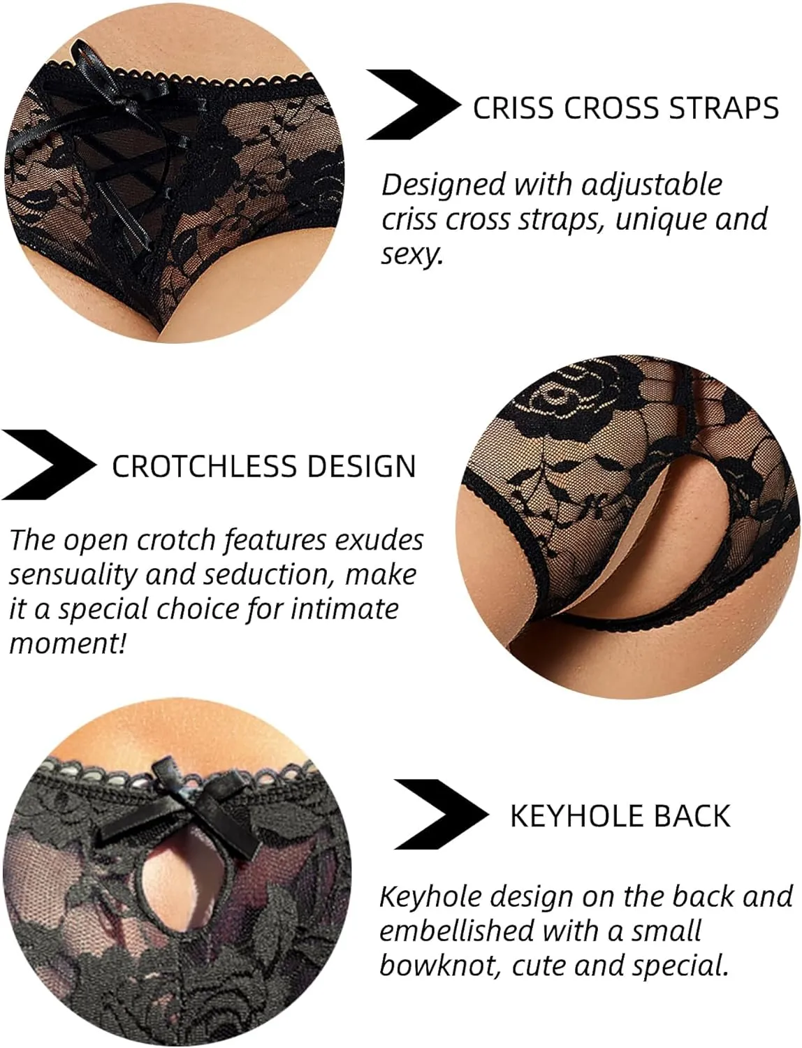 ohmydear Womens Lace Boyshorts Crotchless Sexy Panties Crisscross Strappy Underwear Plus Size Hipster Briefs XS-4XL