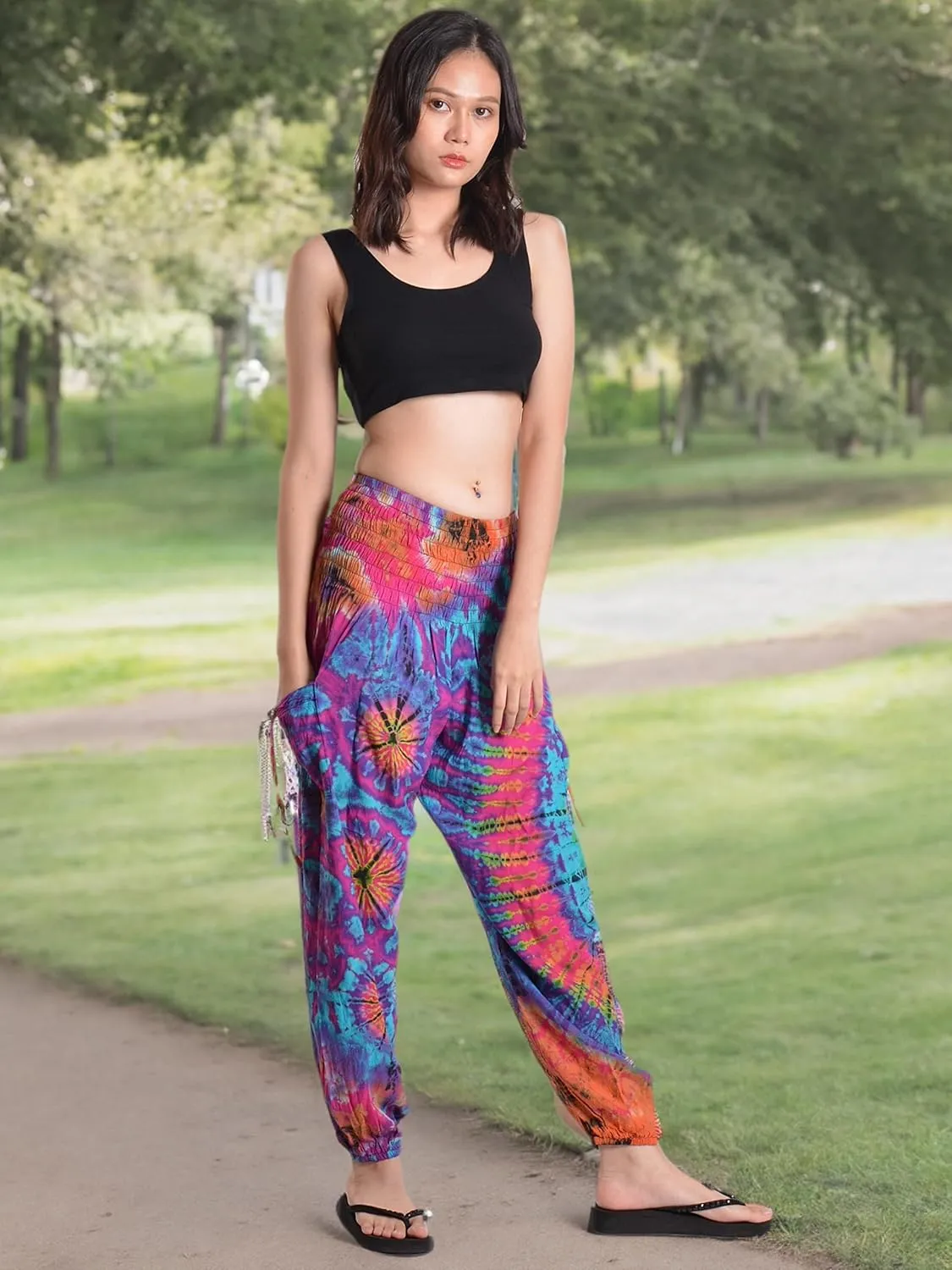 Orient Trail Women's Hippie Bohemian Palazzo Yoga Scrunched Bottom Tie Dye Harem Pants