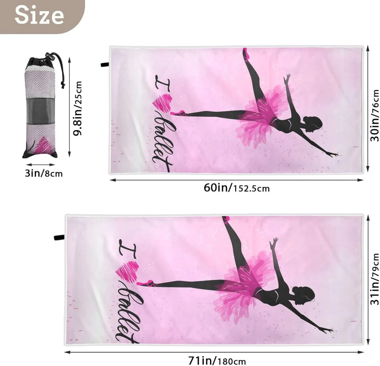 Oyihfvs Ballerina Dance Pink Quick Drying Beach Towel, Foldable Yoga Towel, Soft Sport Towel, Sweat Absorbent Towel with Storage Mesh Bag 31 x 71 inch (M)