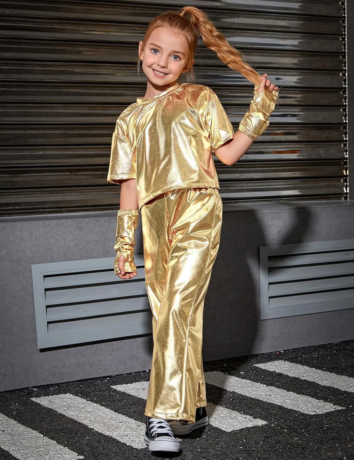 Perfashion Girls' Shiny Metallic Flared Pants Festival Dance Pants Disco with Sunglasses Wide Leg Trousers 6-15 Years