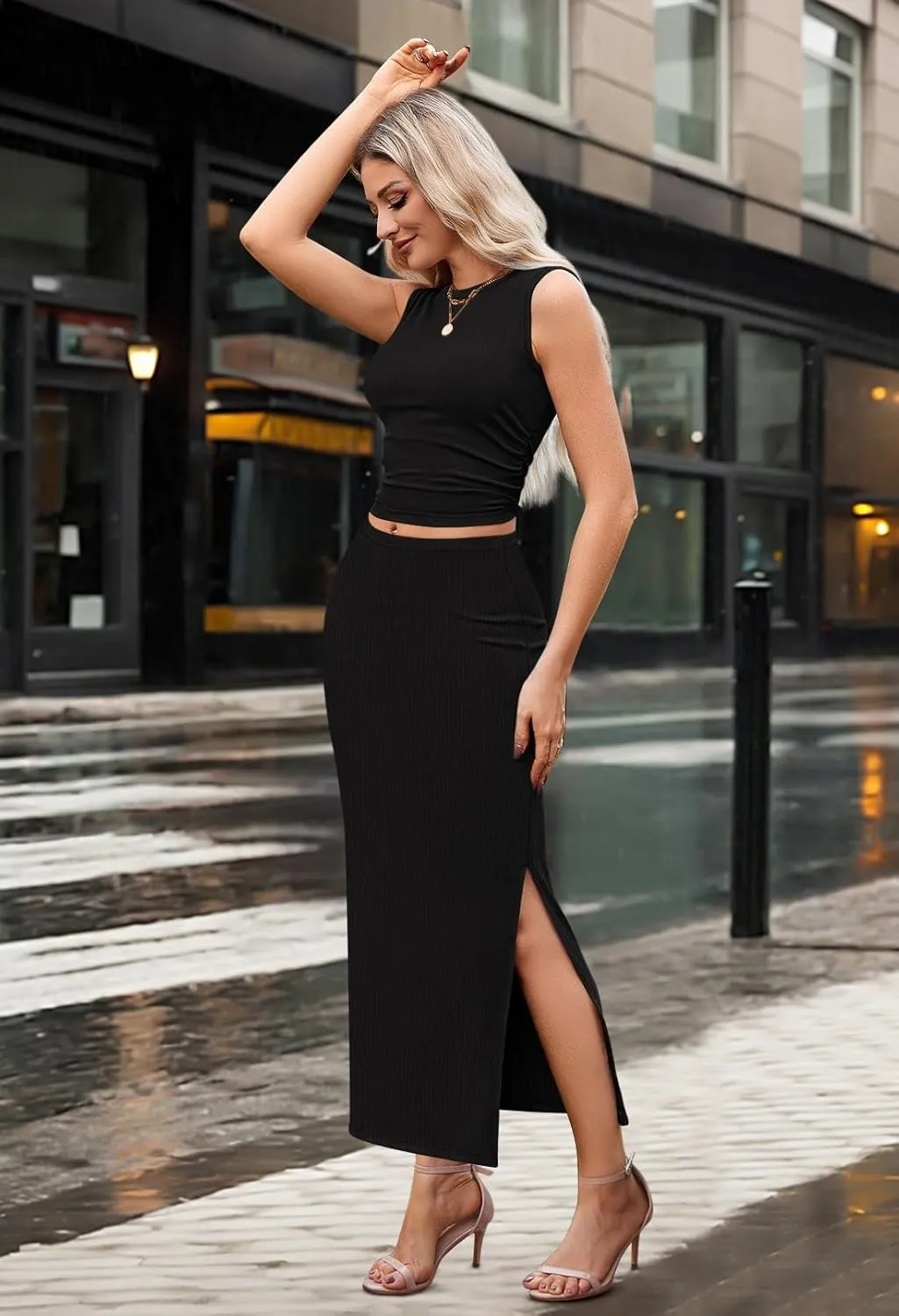 Pink Queen Women's 2 Piece Summer Outfits 2025 Sleeveless Ruched Tank Top Bodycon Slit Ribbed Maxi Skirt Vacation Dress Set
