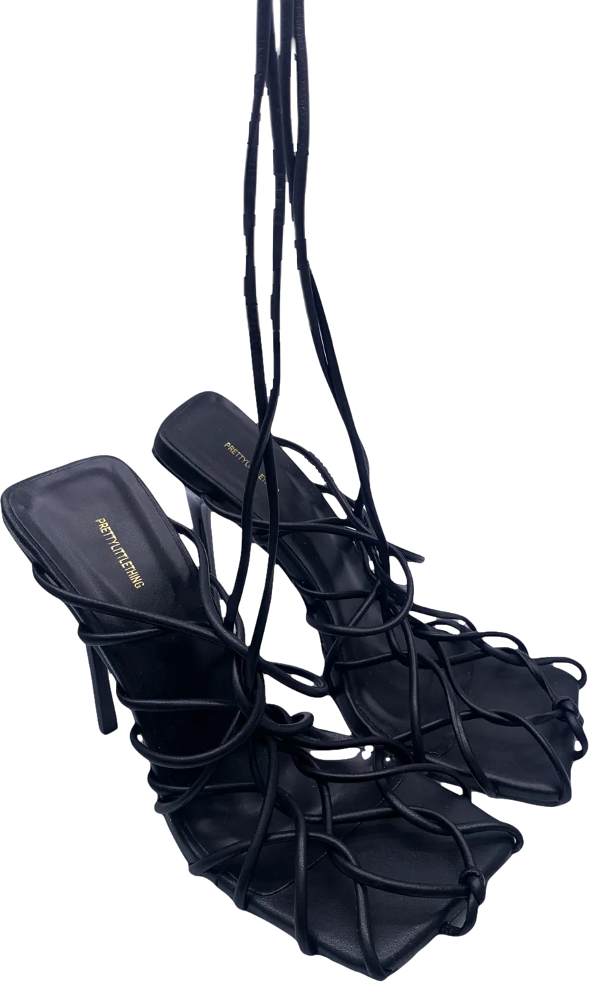 PrettyLittleThing Black Caged Strappy Lace Up Heels UK 6 EU 39 