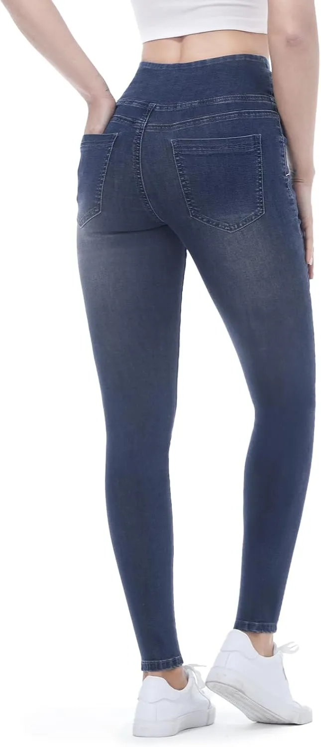 Pull on Skinny Jeans for Women, Stretchy High Waisted Leggings Trendy Tummy Control Demin Jegging with Pockets
