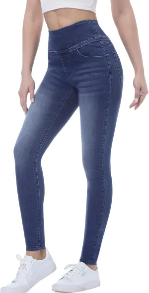 Pull on Skinny Jeans for Women, Stretchy High Waisted Leggings Trendy Tummy Control Demin Jegging with Pockets