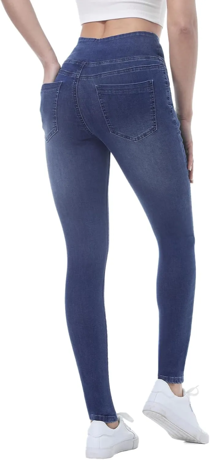Pull on Skinny Jeans for Women, Stretchy High Waisted Leggings Trendy Tummy Control Demin Jegging with Pockets
