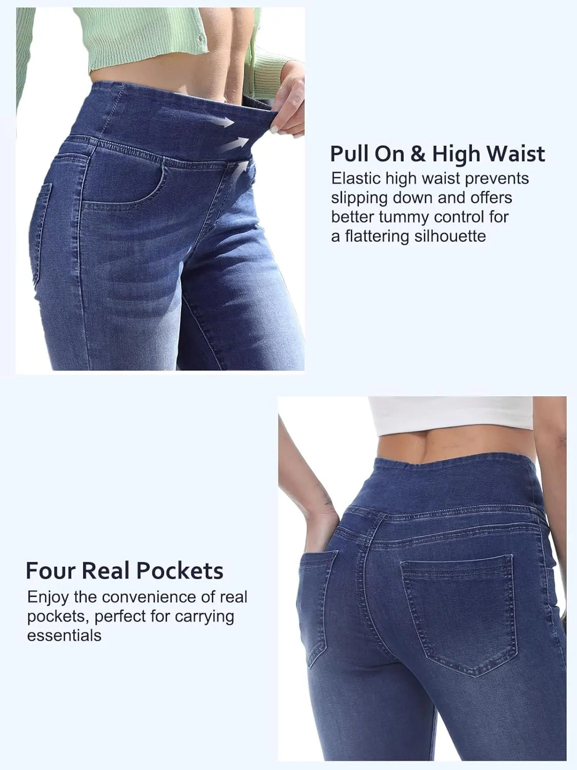 Pull on Skinny Jeans for Women, Stretchy High Waisted Leggings Trendy Tummy Control Demin Jegging with Pockets