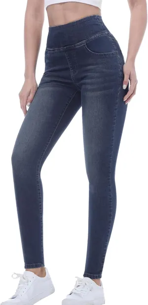 Pull on Skinny Jeans for Women, Stretchy High Waisted Leggings Trendy Tummy Control Demin Jegging with Pockets