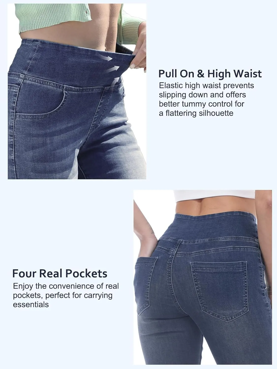 Pull on Skinny Jeans for Women, Stretchy High Waisted Leggings Trendy Tummy Control Demin Jegging with Pockets