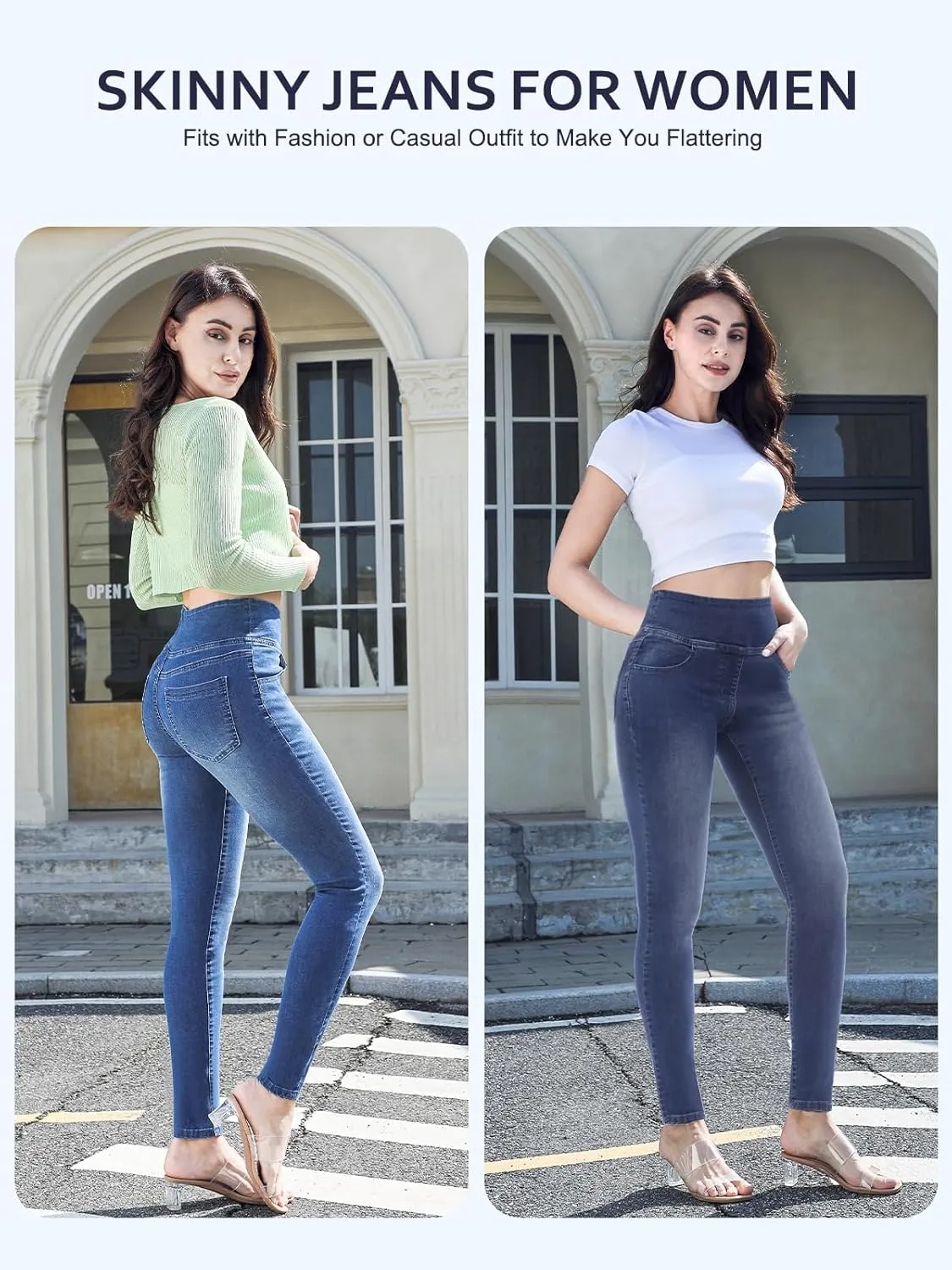 Pull on Skinny Jeans for Women, Stretchy High Waisted Leggings Trendy Tummy Control Demin Jegging with Pockets