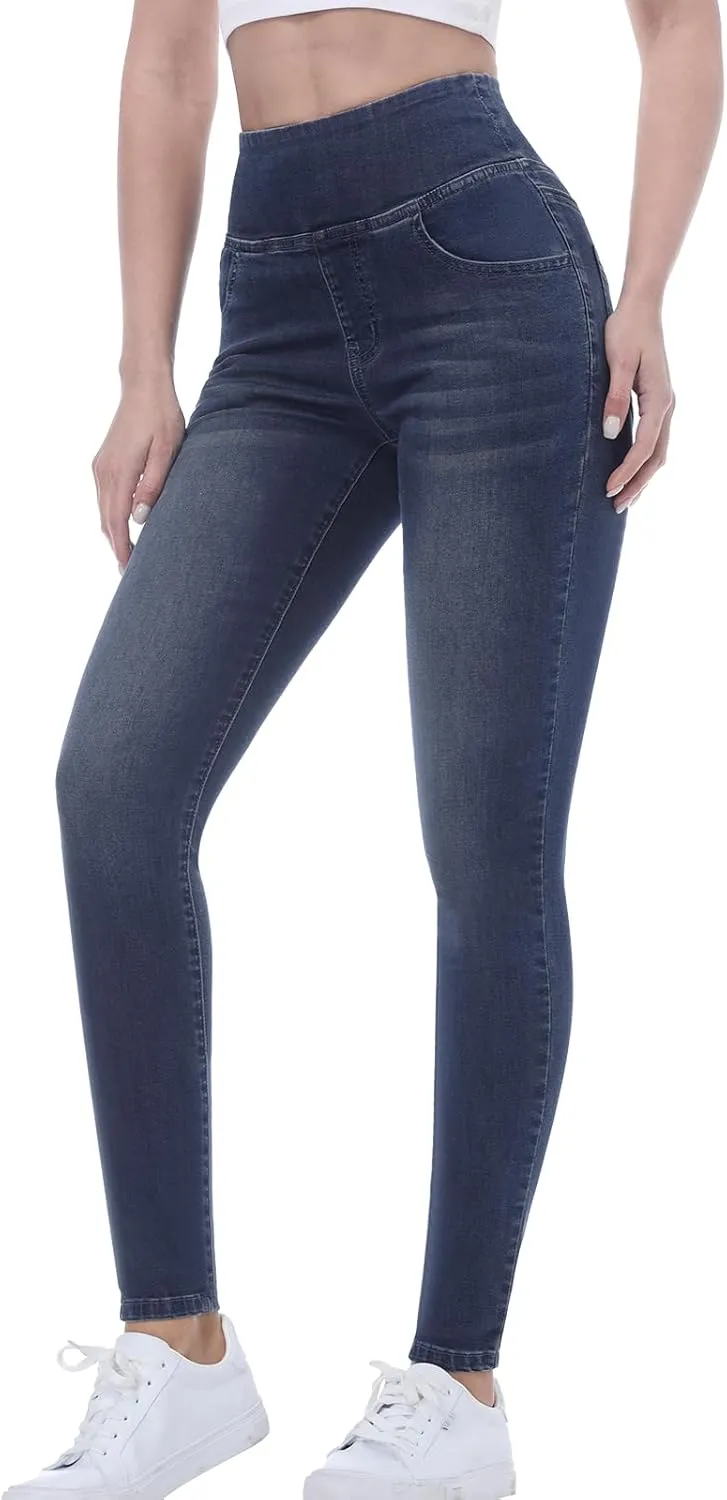 Pull on Skinny Jeans for Women, Stretchy High Waisted Leggings Trendy Tummy Control Demin Jegging with Pockets