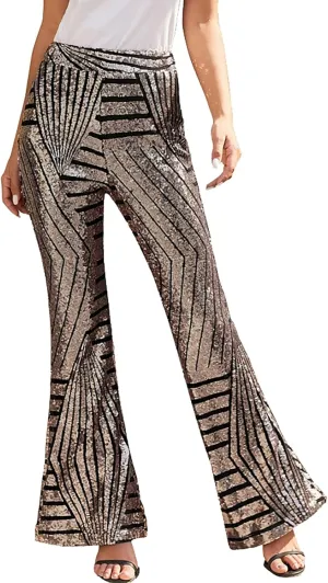 Sequin Pants for Women Cloth High Sequin Women Foot Sexy Pants Fashion Waisted Tape Trousers Ruffle Pants Bell