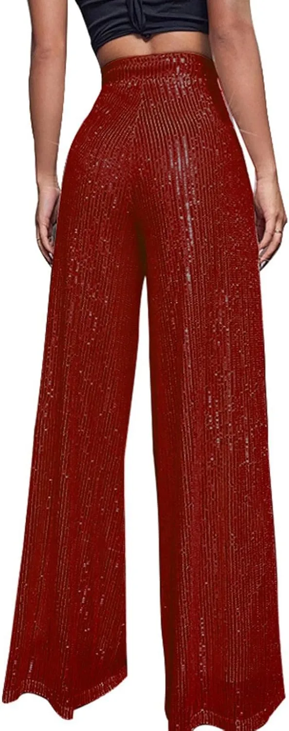 Sequin Pants Women Fashion High Waist Flowy Pants Sparkly Wide Leg Trousers Elastic Loose Side Zipper Shiny Pants