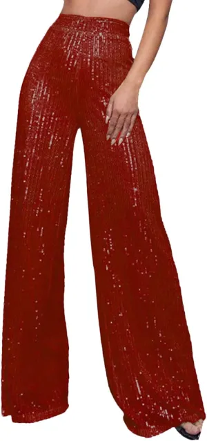 Sequin Pants Women Fashion High Waist Flowy Pants Sparkly Wide Leg Trousers Elastic Loose Side Zipper Shiny Pants