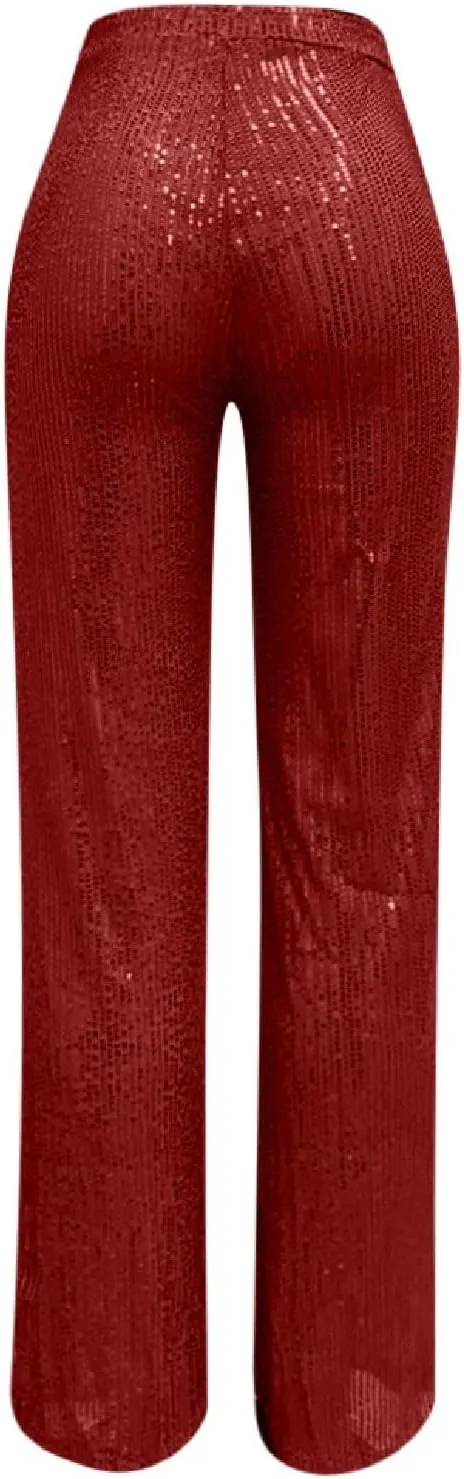 Sequin Pants Women Fashion High Waist Flowy Pants Sparkly Wide Leg Trousers Elastic Loose Side Zipper Shiny Pants