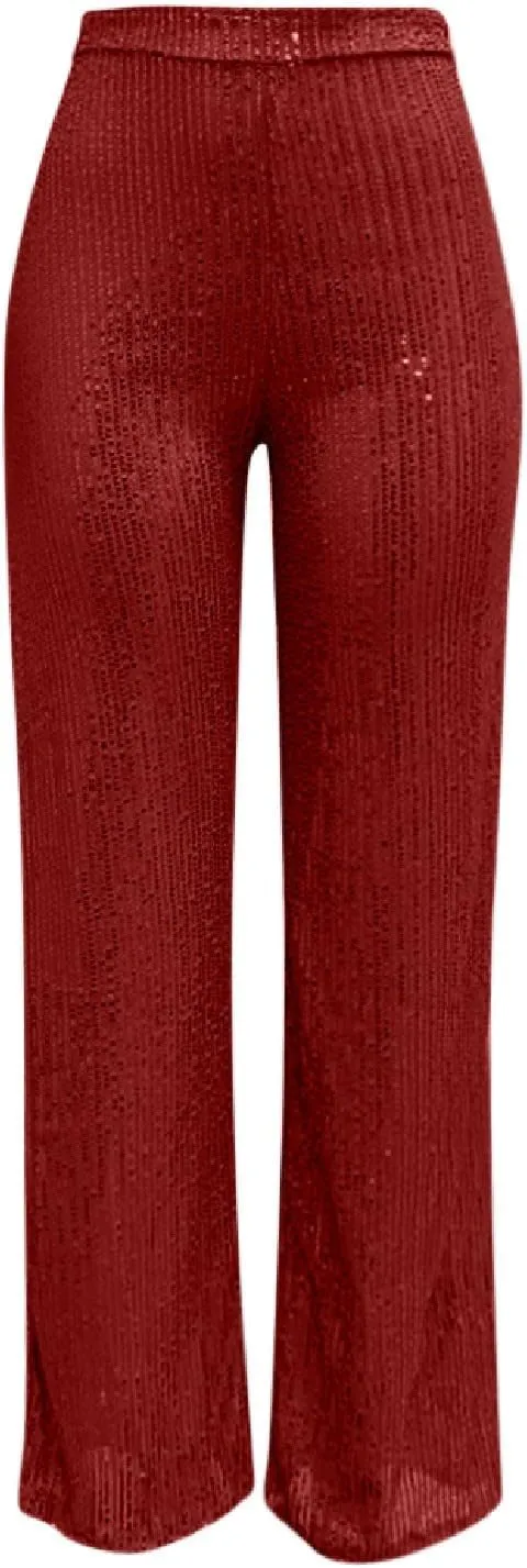 Sequin Pants Women Fashion High Waist Flowy Pants Sparkly Wide Leg Trousers Elastic Loose Side Zipper Shiny Pants