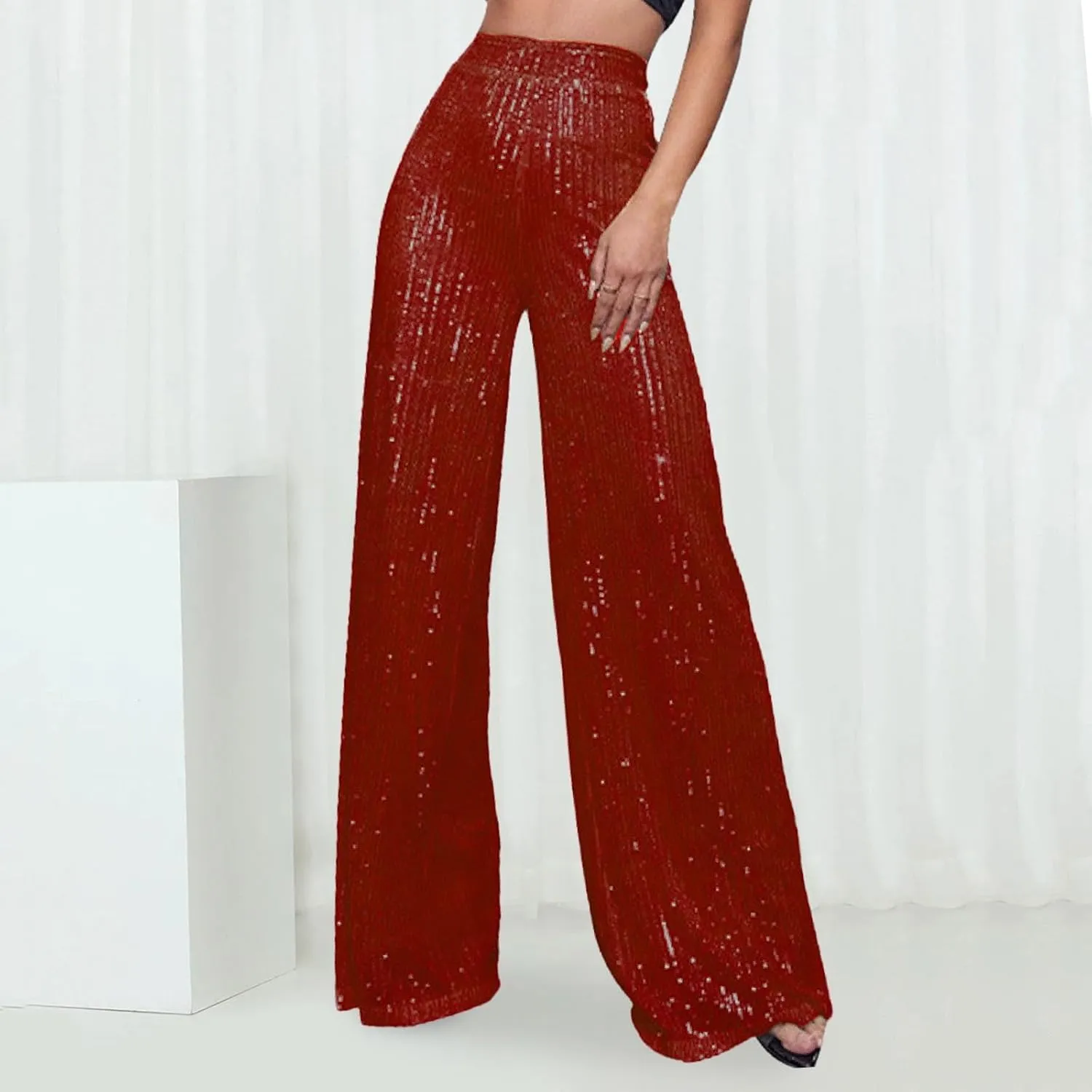 Sequin Pants Women Fashion High Waist Flowy Pants Sparkly Wide Leg Trousers Elastic Loose Side Zipper Shiny Pants
