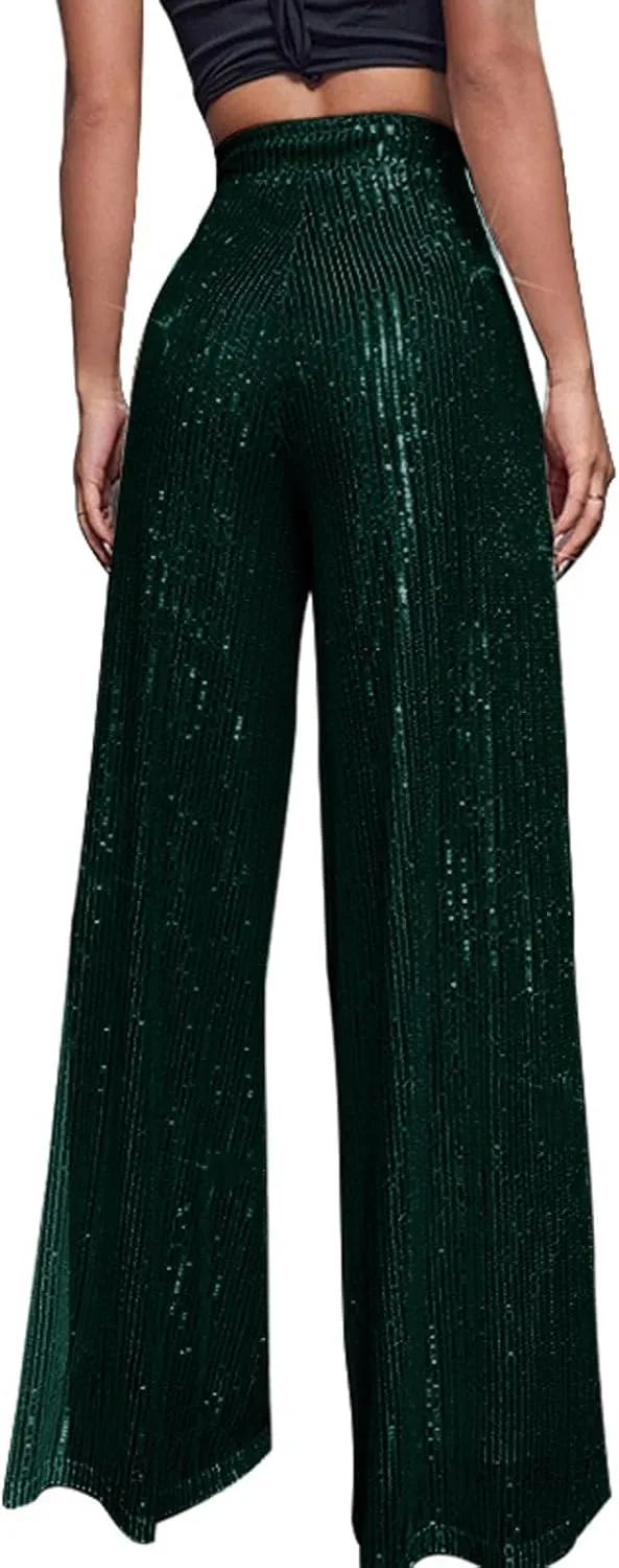 Sequin Pants Women Fashion High Waist Flowy Pants Sparkly Wide Leg Trousers Elastic Loose Side Zipper Shiny Pants