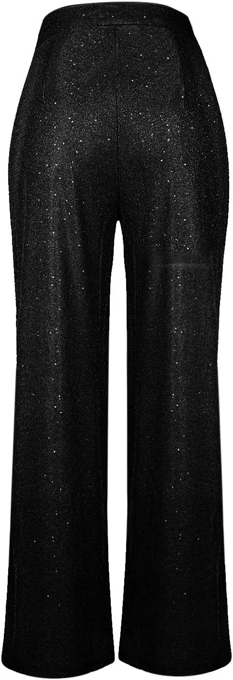 Sequin Pants Women Sparkly Glitter High Waisted Wide Leg Flare Trousers Bell Bottom Night Out Clubwear Party Pants