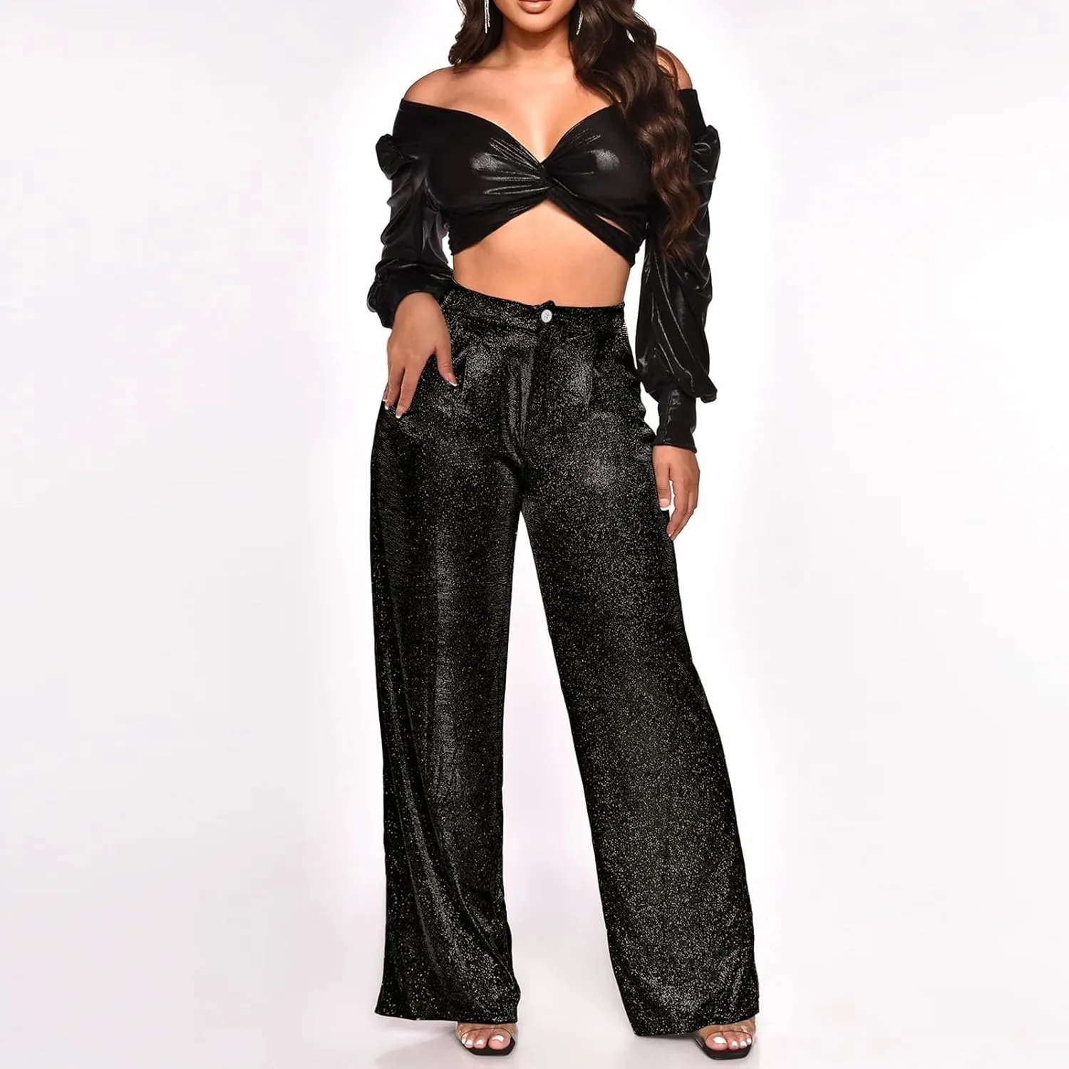 Sequin Pants Women Sparkly Glitter High Waisted Wide Leg Flare Trousers Bell Bottom Night Out Clubwear Party Pants
