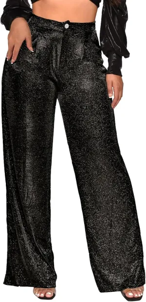 Sequin Pants Women Sparkly Glitter High Waisted Wide Leg Flare Trousers Bell Bottom Night Out Clubwear Party Pants
