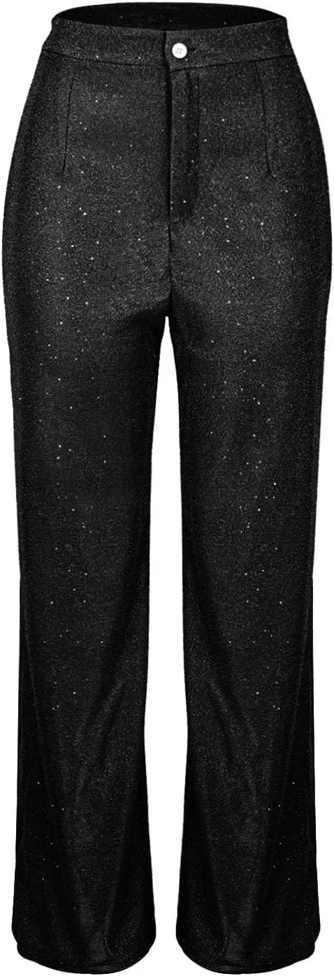 Sequin Pants Women Sparkly Glitter High Waisted Wide Leg Flare Trousers Bell Bottom Night Out Clubwear Party Pants