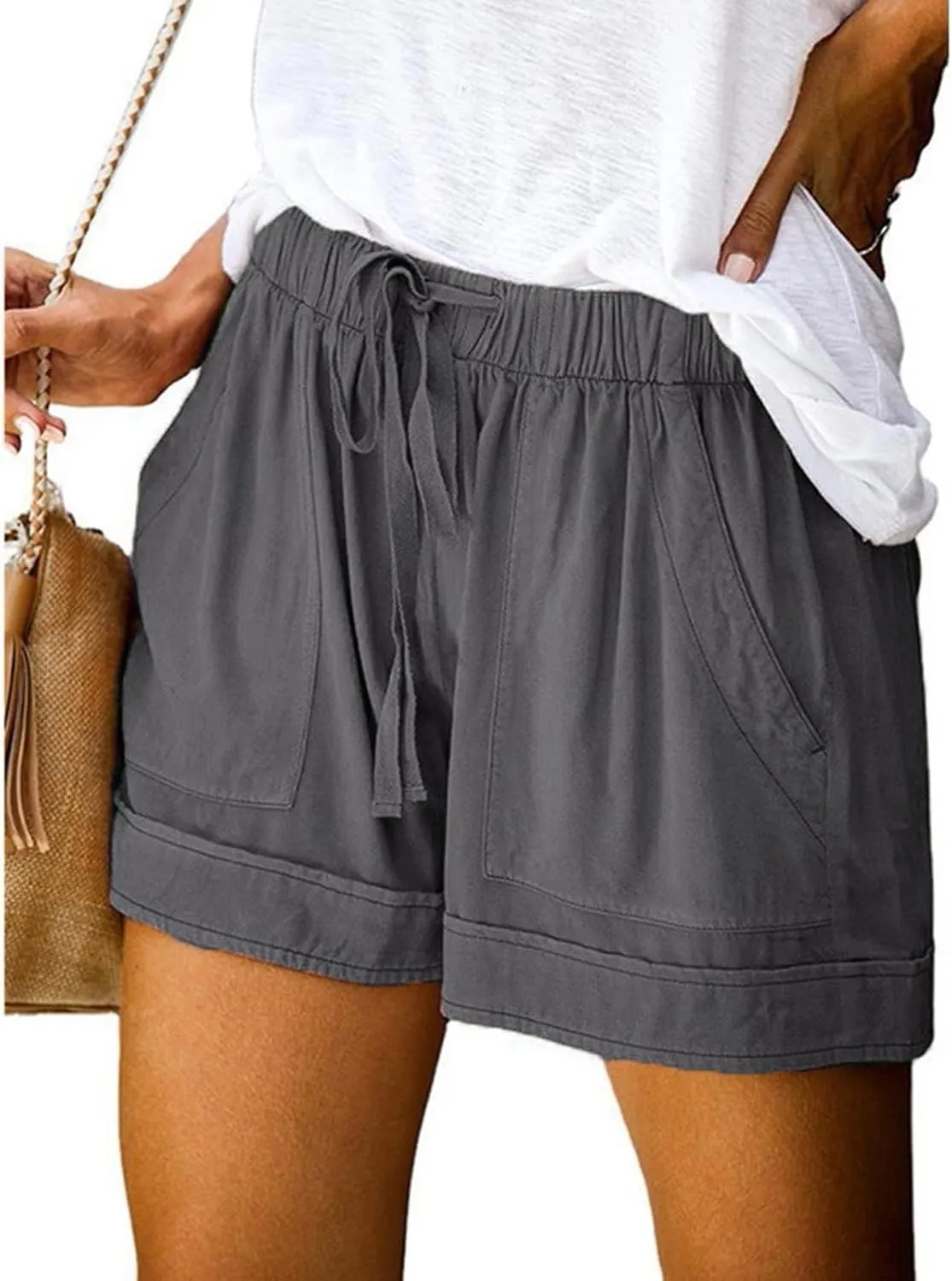 Short Pants Womens Summer Solid Color Causal Comfy Loose Fit Trousers with Pockets Drawstring Straight Leg Lounge Pants