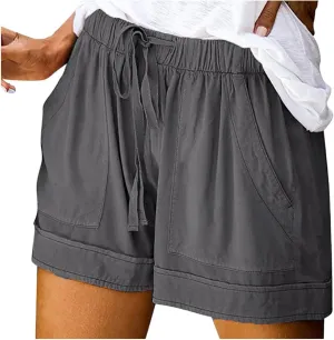 Short Pants Womens Summer Solid Color Causal Comfy Loose Fit Trousers with Pockets Drawstring Straight Leg Lounge Pants