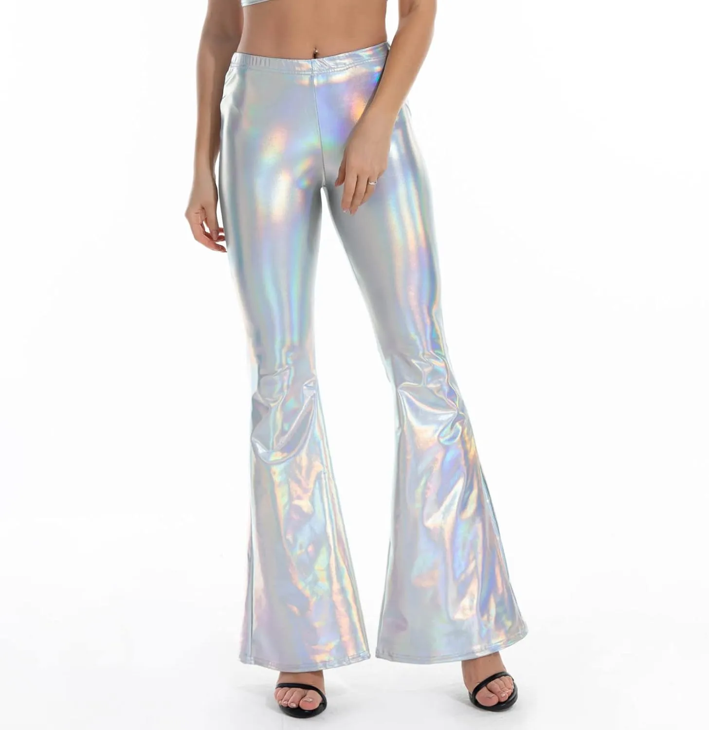 SMIDOW Womens High Waisted Metallic Flare Pants 70s Disco Dance Shiny Leggings Wide Leg Bootcut Palazzo Trousers Club Wear