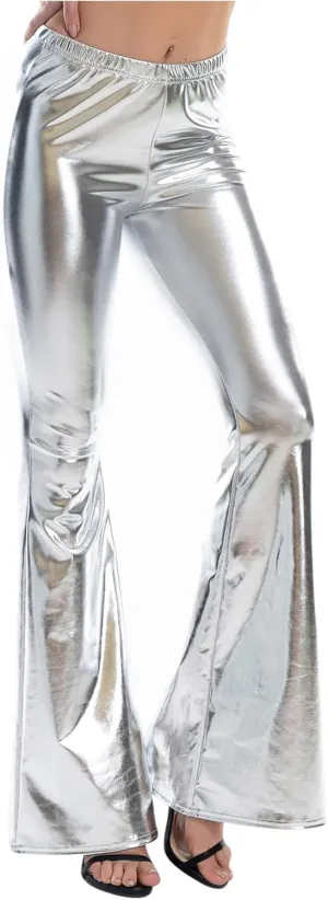 SMIDOW Womens High Waisted Metallic Flare Pants 70s Disco Dance Shiny Leggings Wide Leg Bootcut Palazzo Trousers Club Wear