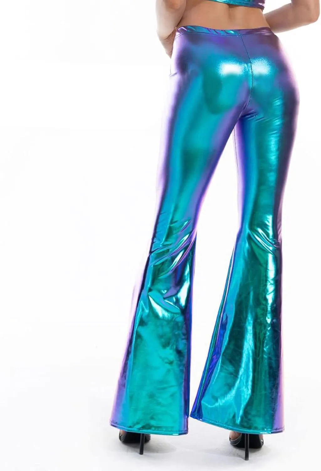 SMIDOW Womens High Waisted Metallic Flare Pants 70s Disco Dance Shiny Leggings Wide Leg Bootcut Palazzo Trousers Club Wear