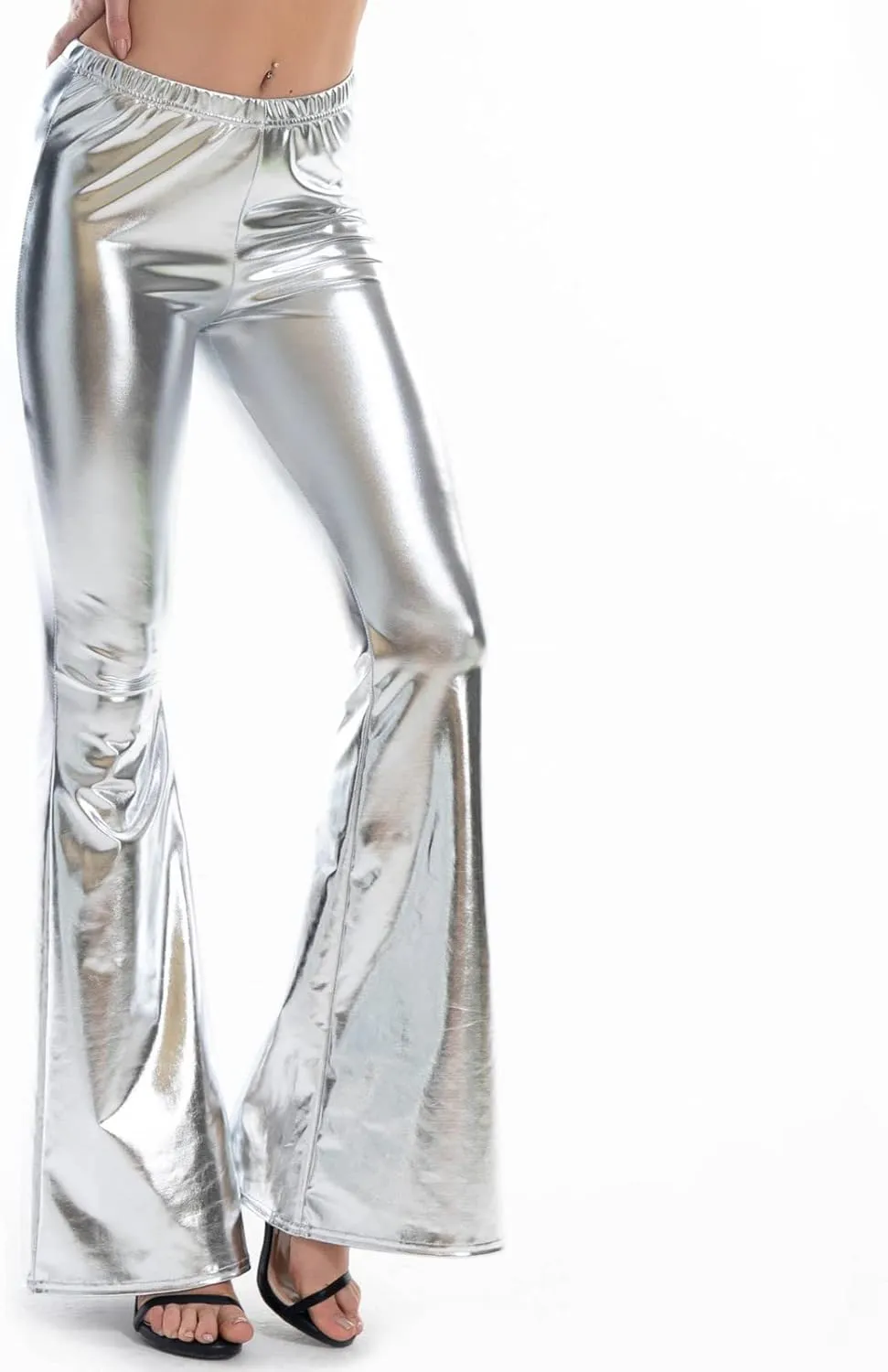 SMIDOW Womens High Waisted Metallic Flare Pants 70s Disco Dance Shiny Leggings Wide Leg Bootcut Palazzo Trousers Club Wear