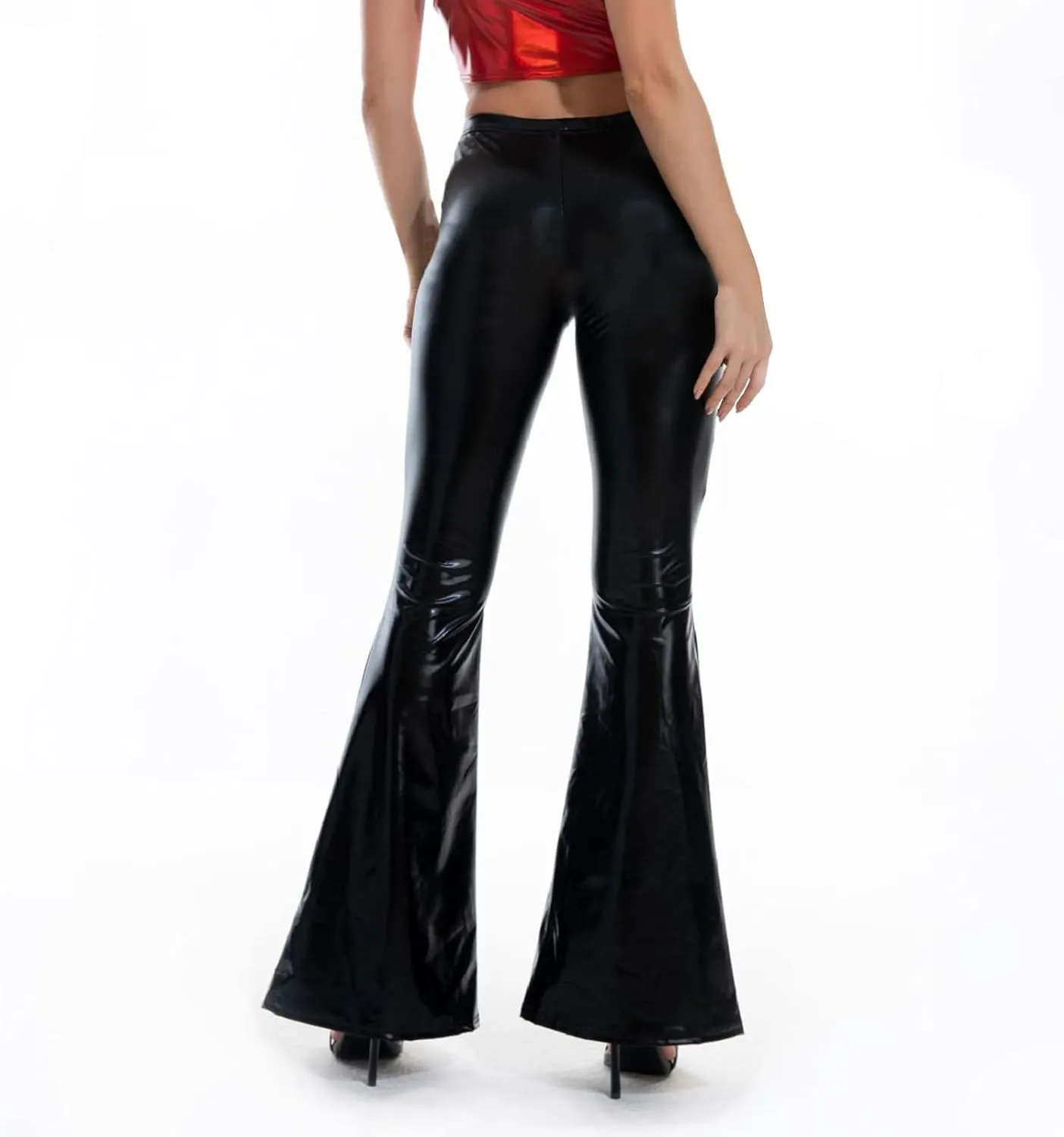SMIDOW Womens High Waisted Metallic Flare Pants 70s Disco Dance Shiny Leggings Wide Leg Bootcut Palazzo Trousers Club Wear