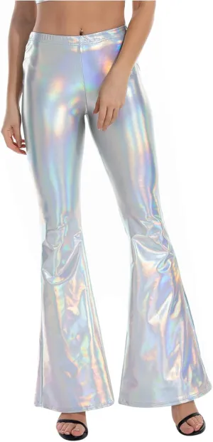 SMIDOW Womens High Waisted Metallic Flare Pants 70s Disco Dance Shiny Leggings Wide Leg Bootcut Palazzo Trousers Club Wear
