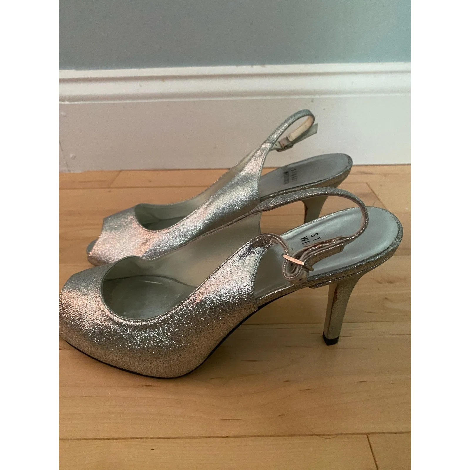 Stuart Weitzman Silver Glitter Slingback Peep-Toe Heels Size 8