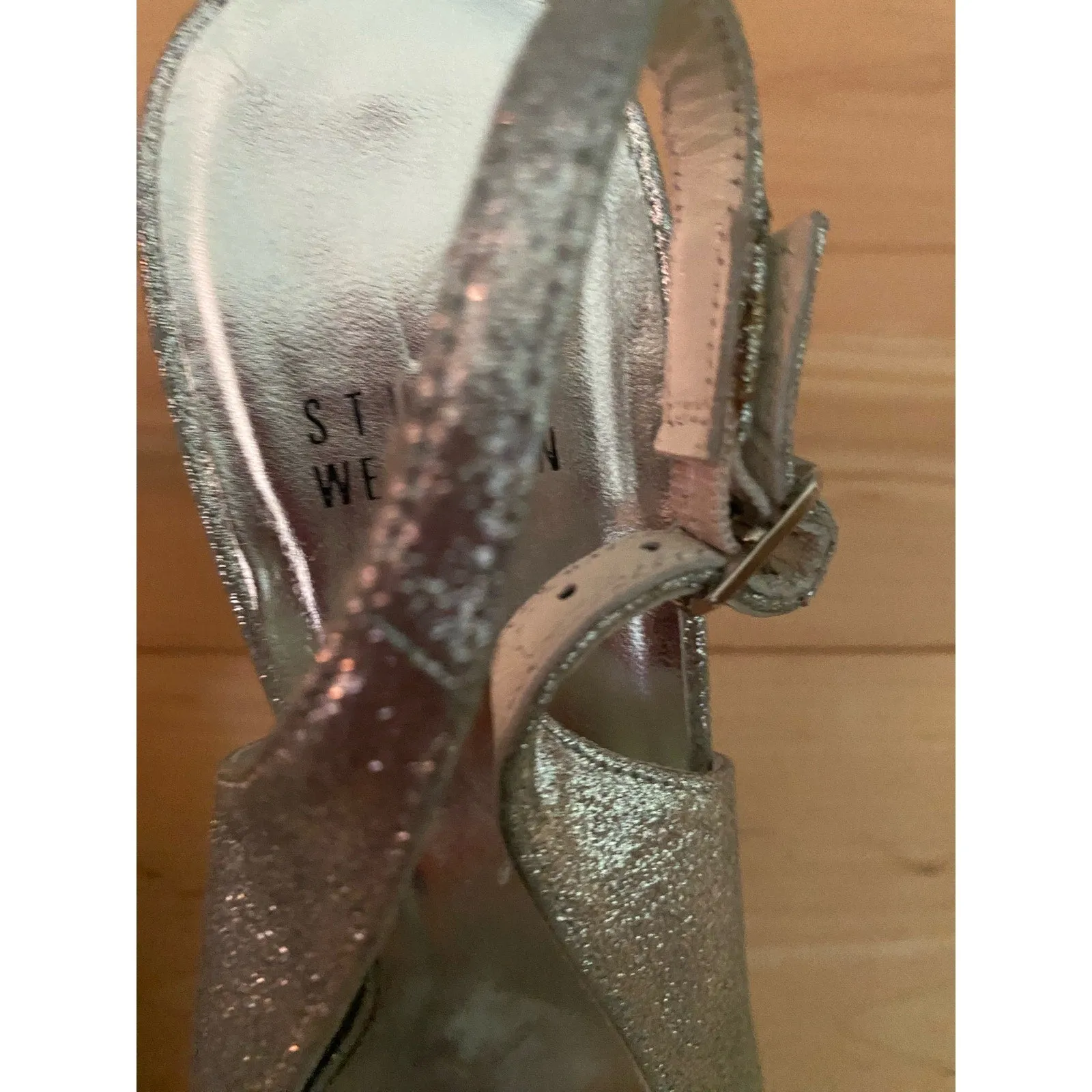 Stuart Weitzman Silver Glitter Slingback Peep-Toe Heels Size 8