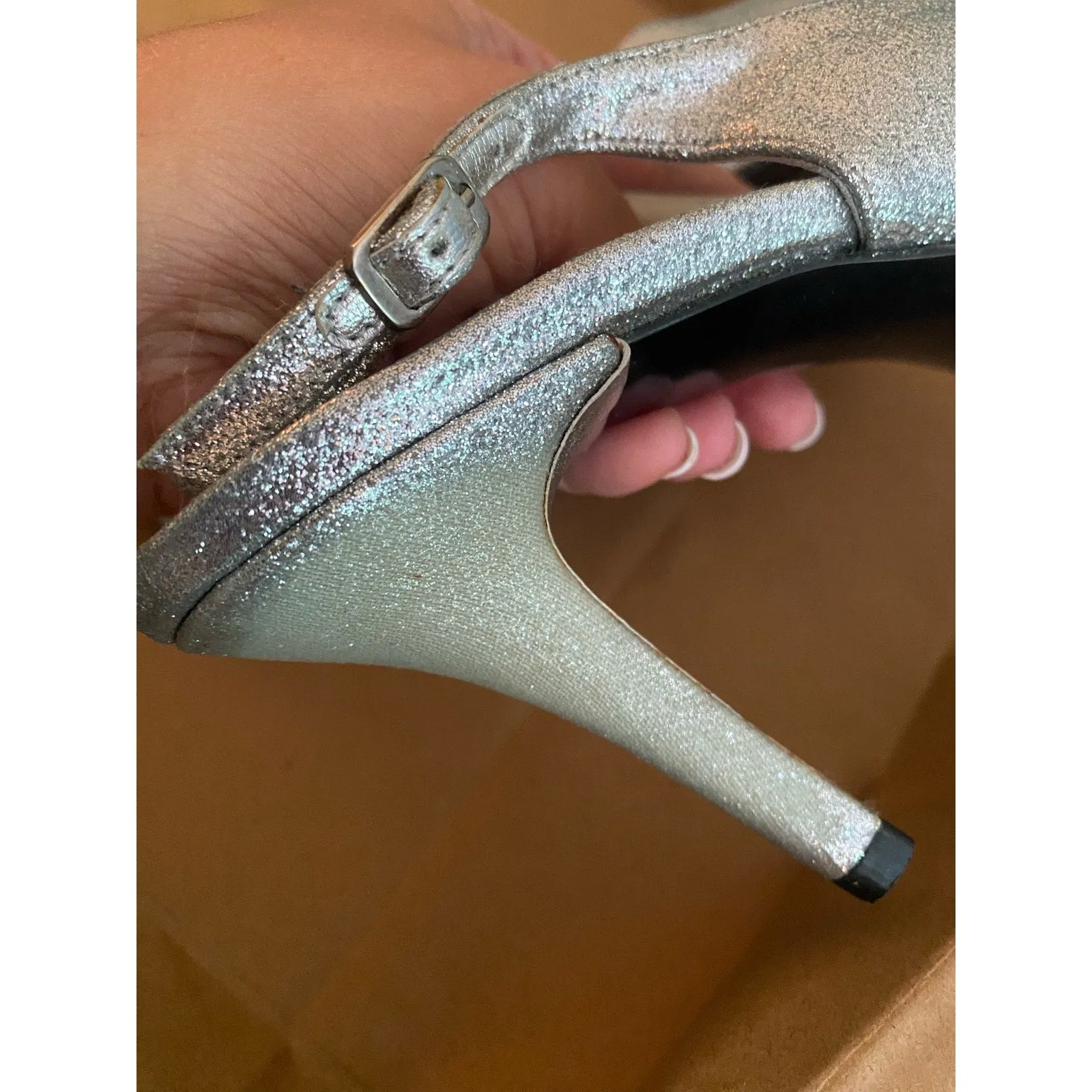 Stuart Weitzman Silver Glitter Slingback Peep-Toe Heels Size 8