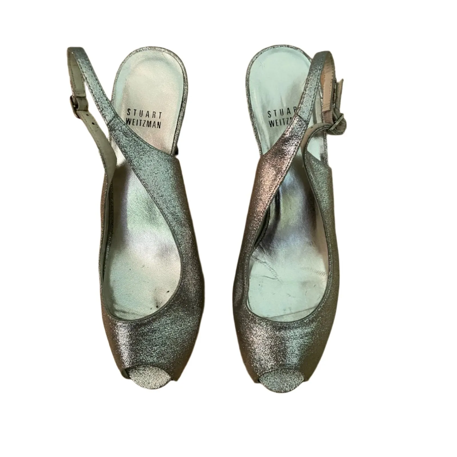 Stuart Weitzman Silver Glitter Slingback Peep-Toe Heels Size 8