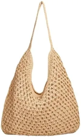 Summer Casual Hollow Out Straw Bag Handmade Women's Large Capacity Shoulder Bag Paper Woven Tote Vacation Beach Handbag (Beige)