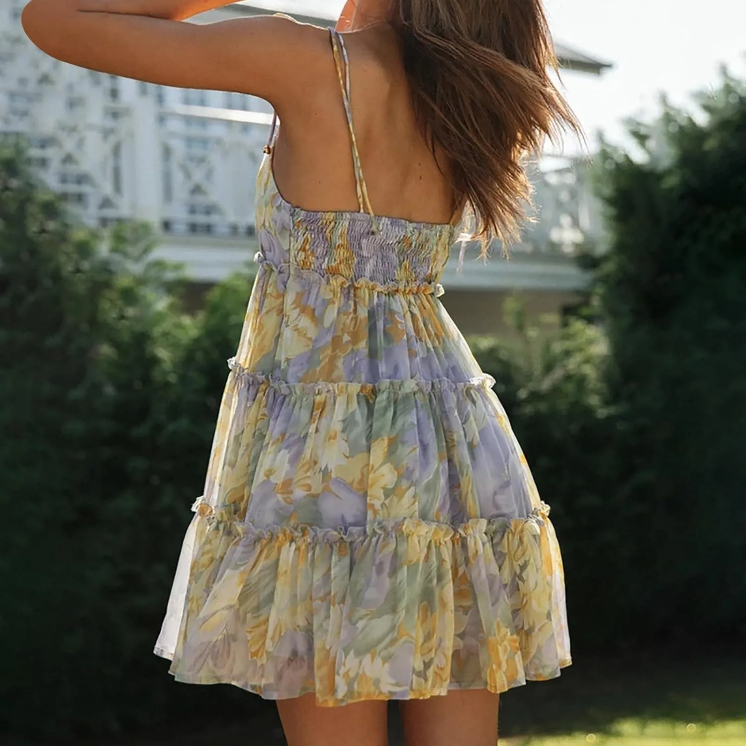 Summer Floral Mini Dresses for Women 2025 Flowy Boho Sleeveless Spaghetti Strap Dress Tiered Ruffle Short Skater Dress