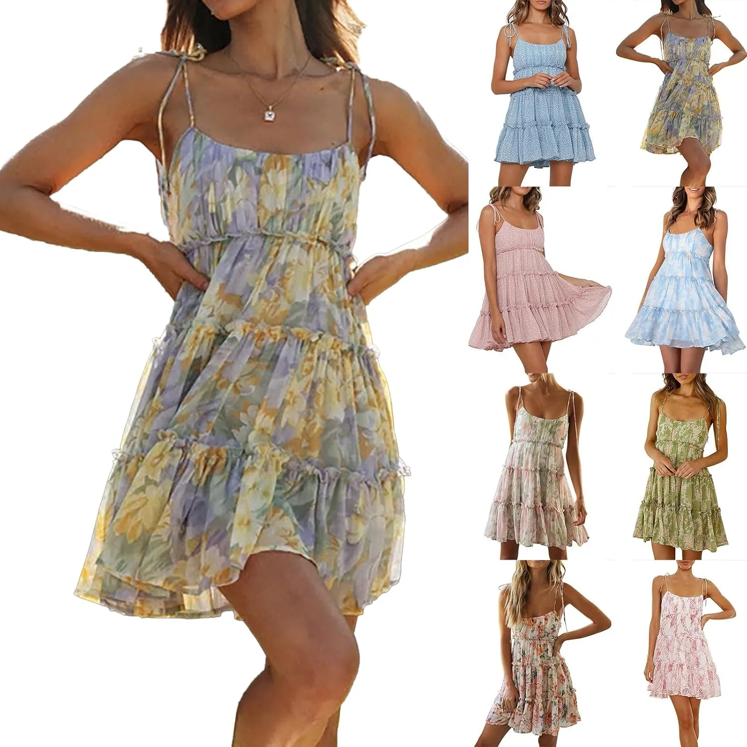 Summer Floral Mini Dresses for Women 2025 Flowy Boho Sleeveless Spaghetti Strap Dress Tiered Ruffle Short Skater Dress