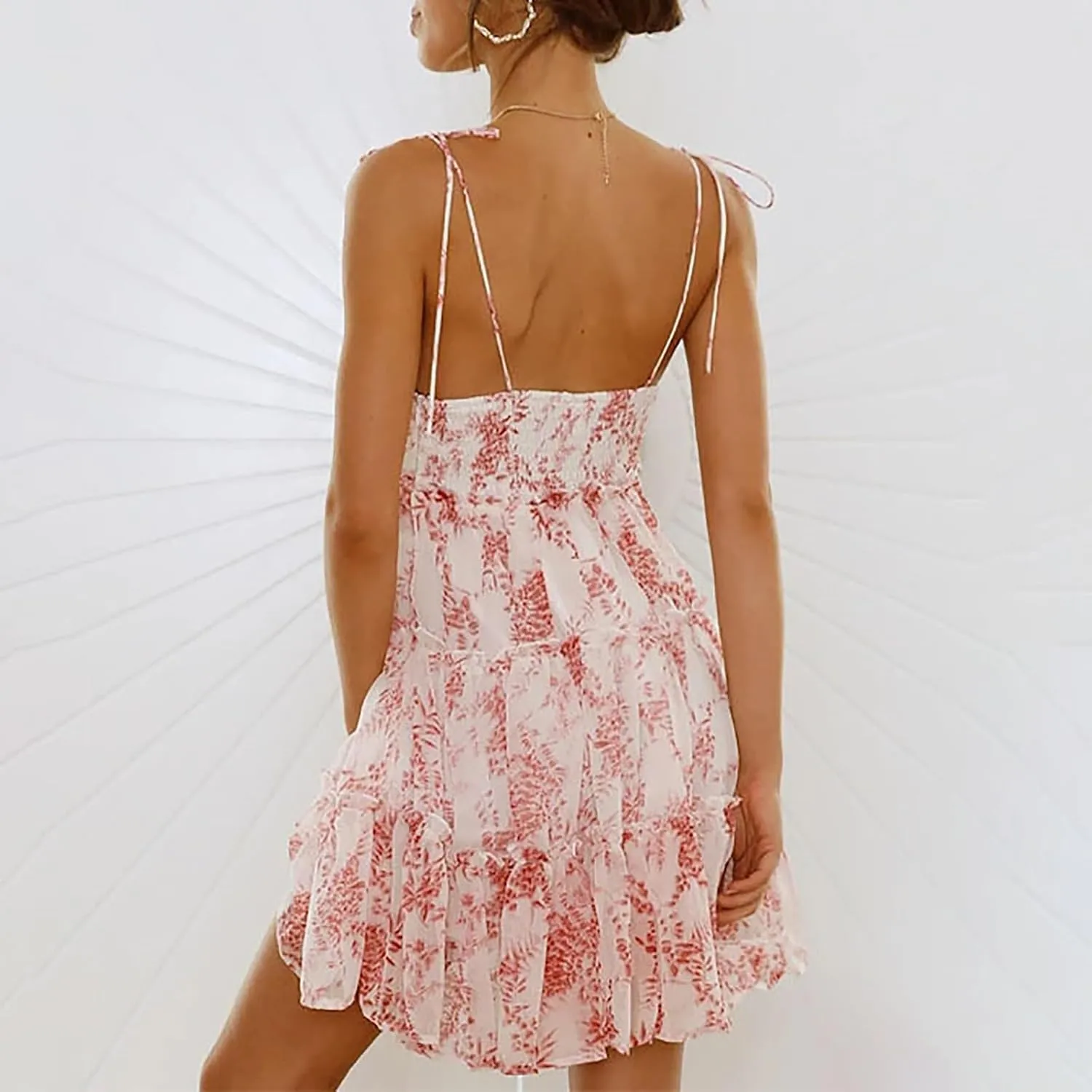 Summer Floral Mini Dresses for Women 2025 Flowy Boho Sleeveless Spaghetti Strap Dress Tiered Ruffle Short Skater Dress